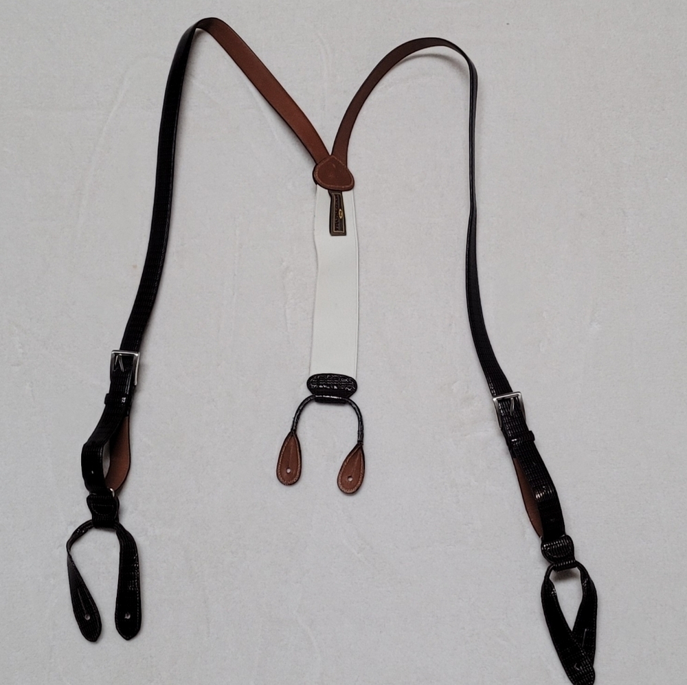 70s Vintage Trafalgar Brown Textured Leather Hardware Button Tab Suspenders